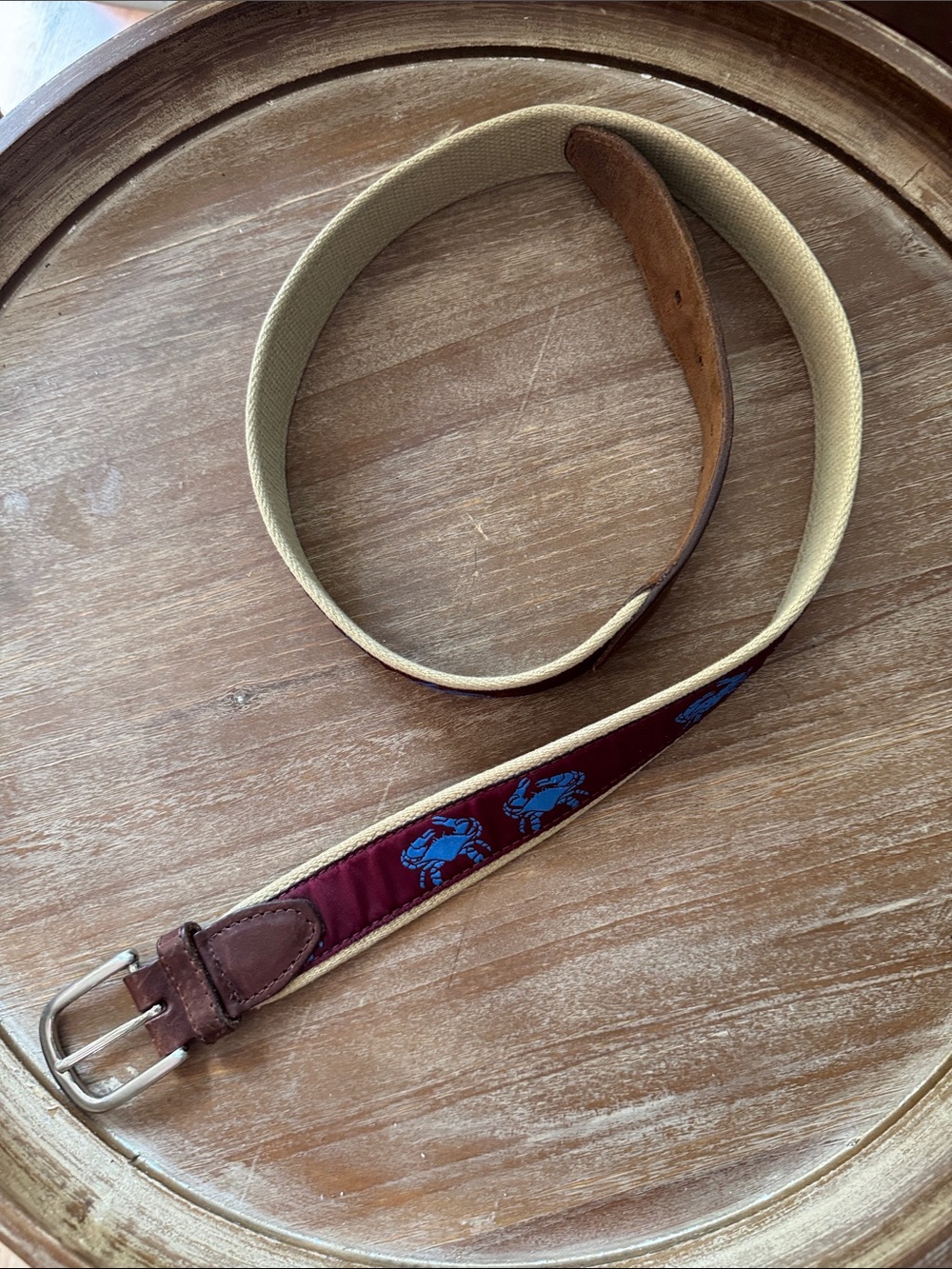 Men's Burgundy Crab-Embroidered Canvas Belt